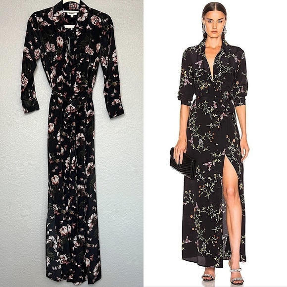 NWT L'AGENCE Silk Floral Butterfly Print 3/4 Sleeve Tie Waist Maxi Shirt Dress S - Picture 1 of 7